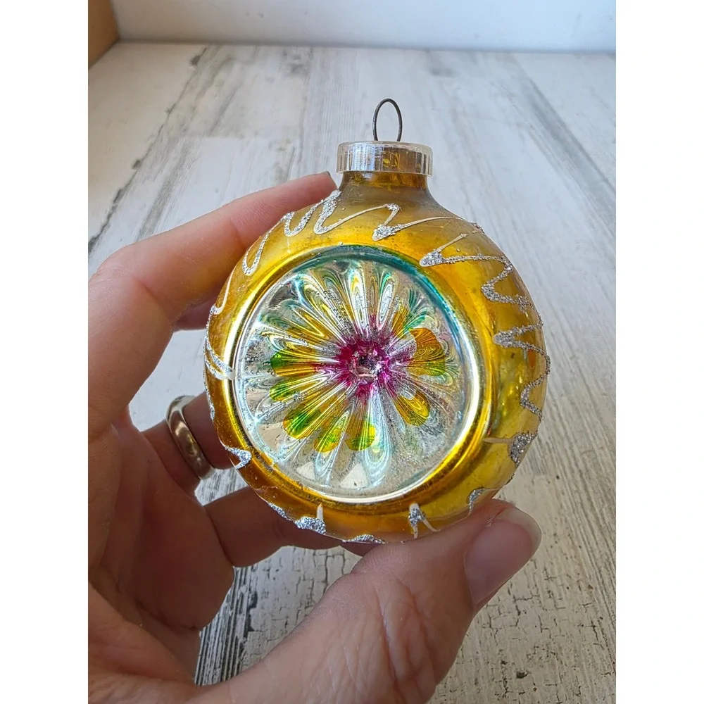 Vintage West Germany indent yellow mica glass ornament Xmas tree